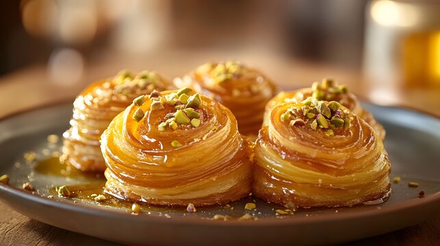 A beautifully arranged plate of Borma pastries, drizzled with honey and topped with finely crushed pistachios