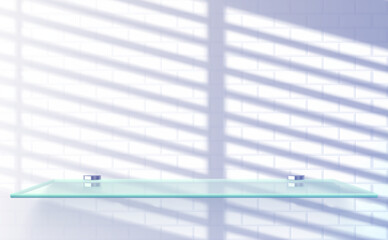 Realistic glass shelf on ceramic white tile. Vector illustration of bathroom interior design with shadow overlay. Shadow of blind from window. Mosaic backdrop. Reflected from jalousie on wall