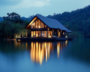 Obraz premium A luxurious residence is located on a serene water body