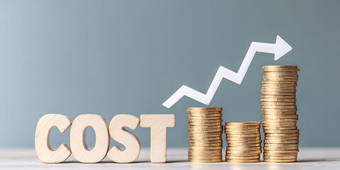 Rising Costs: Depicts increasing expenses with stacked coins, wooden letters spelling "COST", and an upward-pointing arrow symbolizing the rise in financial burdens.