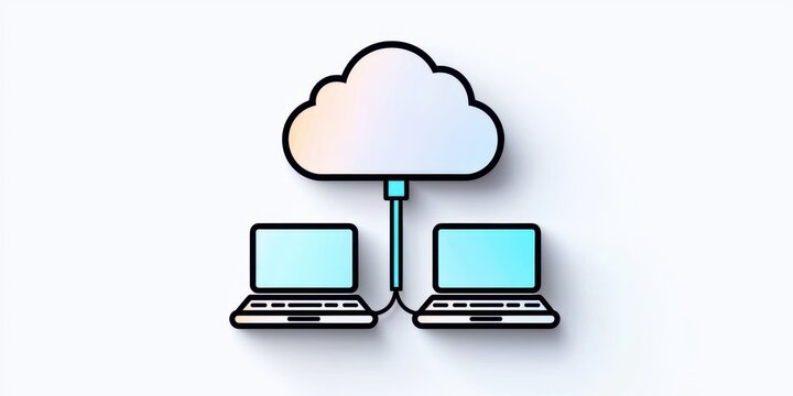 Cloud computing technology with data network. Cloud computing illustration connecting two laptops for data transfer.