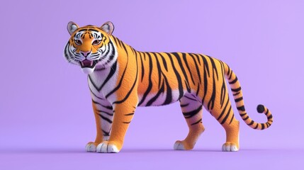 Obraz premium Majestic Orange Tiger with Black Stripes Standing on Lavender Background Wildlife Animal
