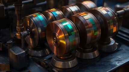 Obraz premium Close-Up of Vibrant Ink Rollers Transferring Colors in Printing Press