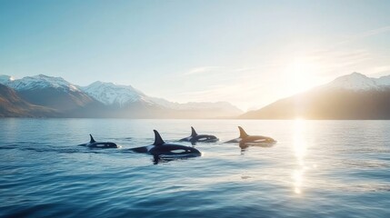Fototapeta premium Majestic Orcas Swimming in Serene Ocean at Sunrise with Mountains