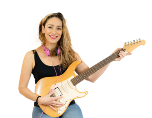 Young smiling woman playing guitar isolated over transparent background. PNG transparent