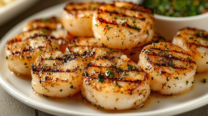 Grilled scallops on plate with sauce and background of food