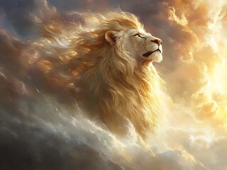 Majestic lion ascends celestial cloudscape