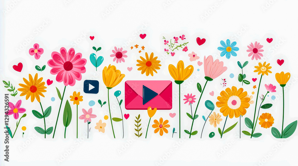 Poster colorful floral design with playful hearts and a play button indicating a lively and vibrant atmosph