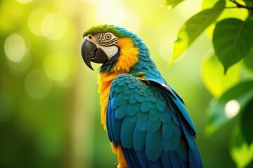 Fototapeta premium A Vibrant Blue-and-Gold Macaw Perched Amidst Lush Green Foliage, Bathed in Sunlight