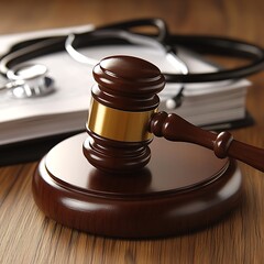 A gavel and stethoscope sitting on a wooden table