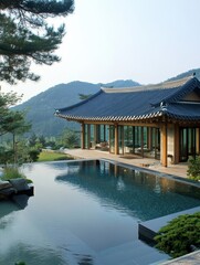 Fototapeta premium The Korean building and pool are beside the lake