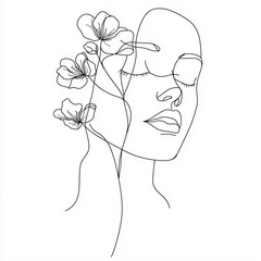 "Minimalist line art of a woman’s face with floral details, black and white, elegant and aesthetic, perfect for wall art prints, ultra-clean design