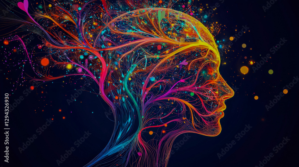 Poster colorful abstract representation of a head surrounded by vibrant light and organic patterns