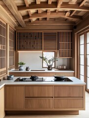 This image shows a modern minimalist kitchen design with wooden elements