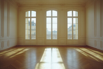 Empty room with large windows revealing city view and sunlight in Paris during daytime