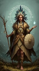 Fototapeta premium Mystical tribal warrior woman with feather headdress and magical aura