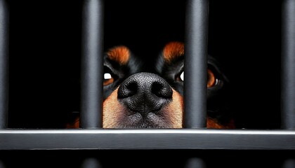 Imprisoned dog stares from cage bars