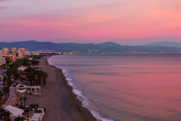 Sunset over the bay of Malaga in Spain