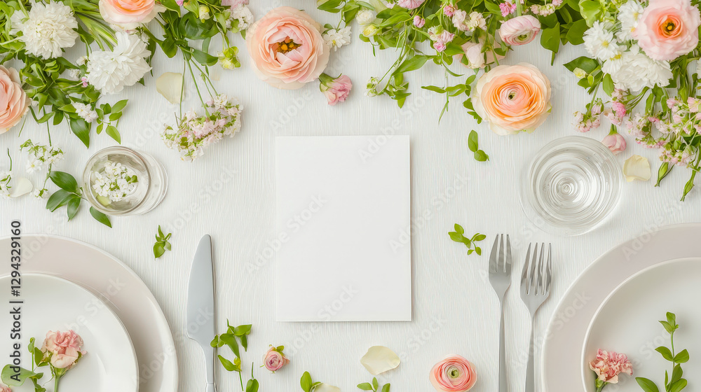 Aufkleber floral table setting with pastel flowers and empty space for personalized message