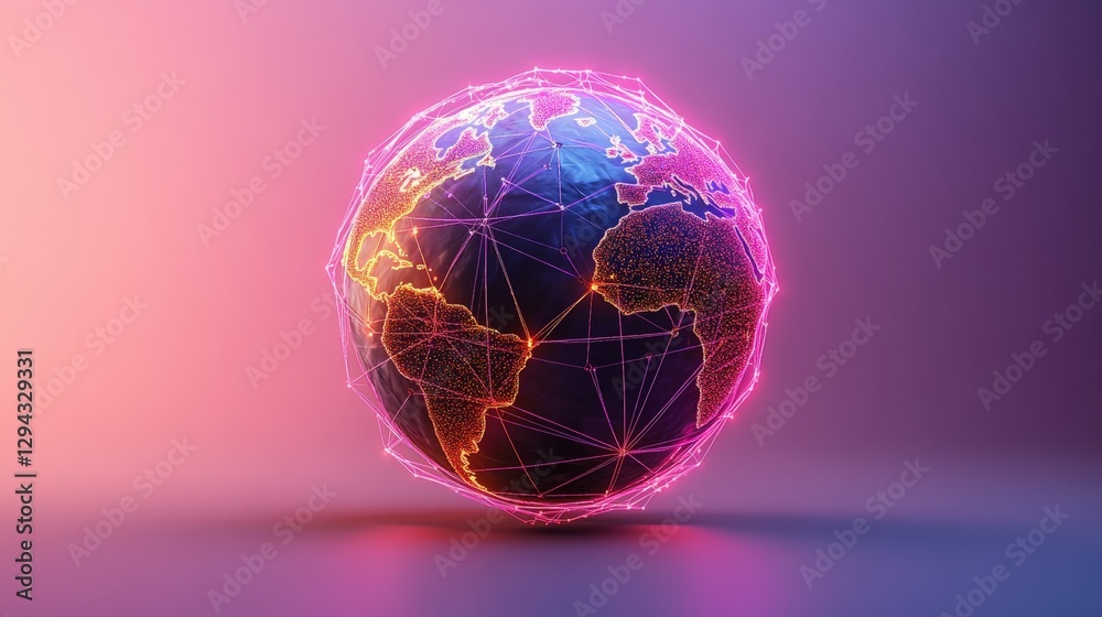 Poster globe with network of lines and dots highlighting continents and location pin for global connection 