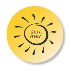 Yellow summer sticker with Sun icon in minimalistic doodle style. Simple sketch sunlight. Perfect for logo label badge kids drawing design travel ads poster banner card sale promo flyer