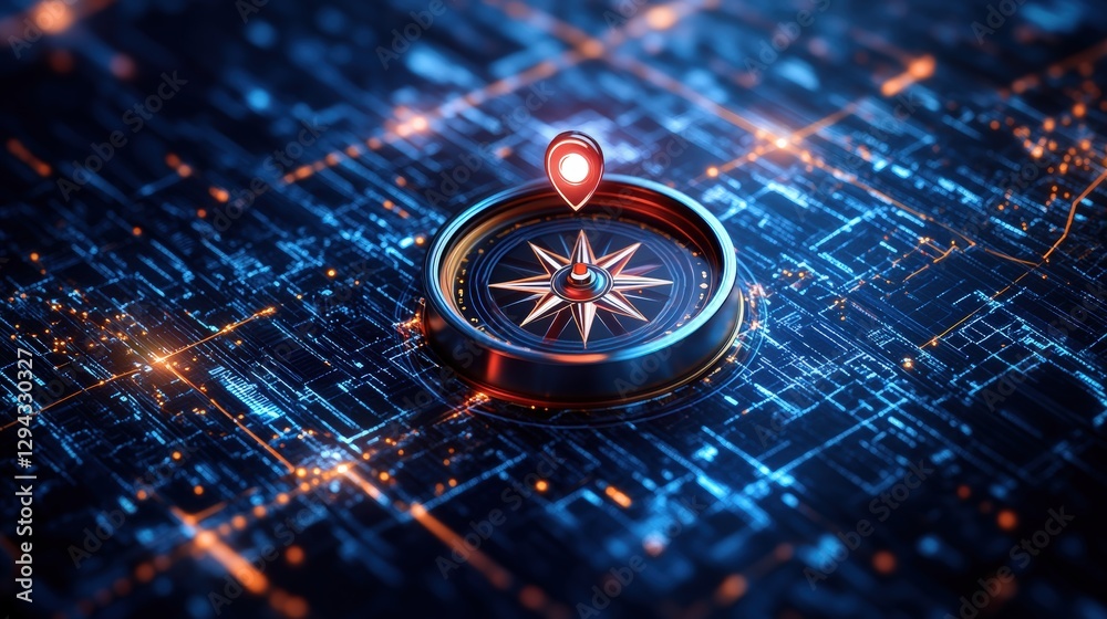 Poster compass embedded in a location pin with circuit background and red light illumination