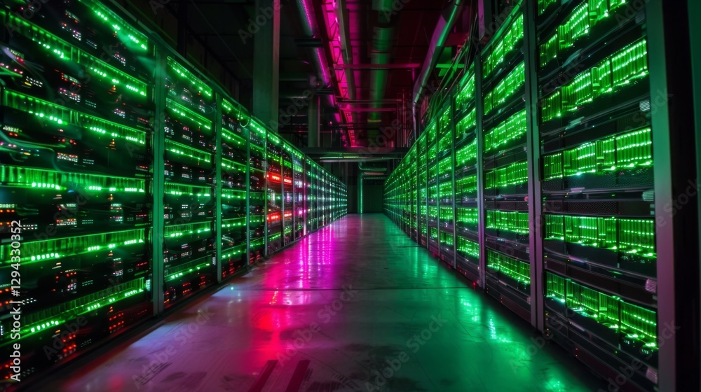 Leinwandbilder Illuminated server racks create a vibrant atmosphere in a high tech server room. The green and pink lights enhance the sleek design, reflecting technology's advancements.