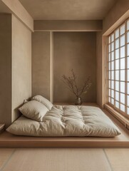 The light brown minimalist japanese bedroom with a mattress
