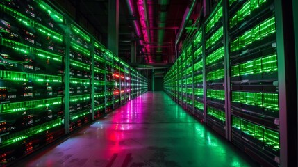 Illuminated server racks create a vibrant atmosphere in a high tech server room. The green and pink lights enhance the sleek design, reflecting technology's advancements.