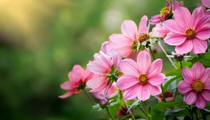 Fototapeta premium beauty pink flowers in a garden on a green background