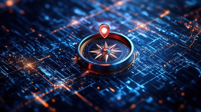 Compass embedded in a location pin with circuit background and red light illumination