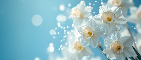 Serene daffodil blooms bathed in soft light against a tranquil blue sky evoking spring freshness and natural beauty in a floral close up