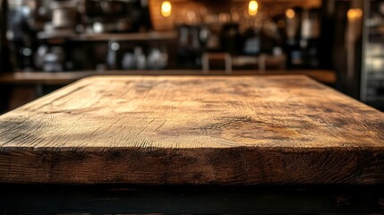 Fototapeta premium Cozy Cafe Wooden Table with Blurred Background, A wooden table in a cozy cafe with blurred background, featuring warm lighting and plants
