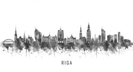 Fototapeta premium Black and white watercolor skyline of riga cityscape art with landmarks
