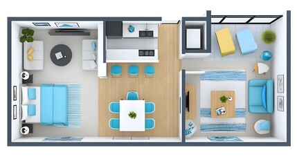 Futuristic 3D minimalist floor plan showcasing the innovative design of a smart apartment featuring robotic walls  automated climate zones  and AI assisted wellness monitoring for an efficient