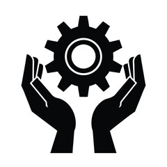 Two hands holding central gear symbolizing unity and effective business teamwork now