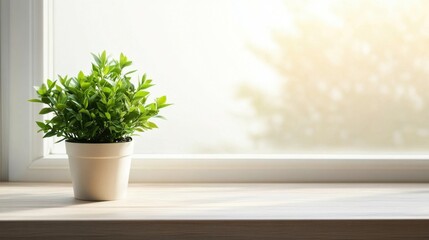 Fototapeta premium Green plant in a pot on the table with space for product placement