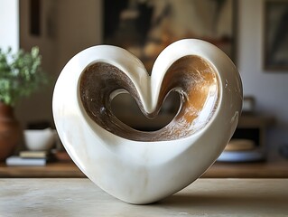 A beautiful sculpture presents a polished abstract ceramic heart
