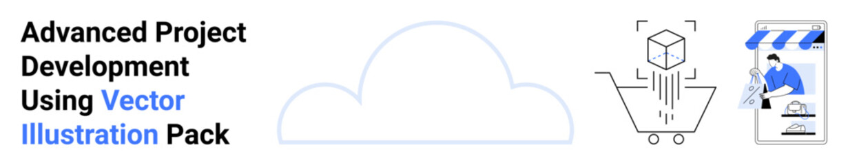 Cloud symbol in center, cube model in shopping cart, storefront with worker. Ideal for technology, e-commerce, project management, software services, retail, cloud storage flat landing page banner