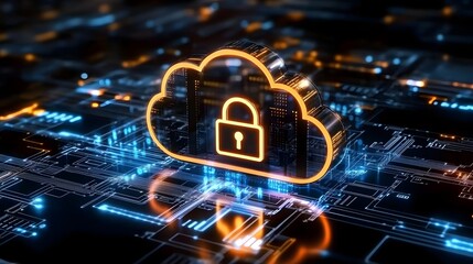 Fototapeta premium Futuristic cybersecurity concept featuring a glowing cloud icon with a secured padlock at its center illuminated by vibrant orange and blue lights intricate digital circuits
