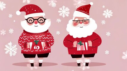 Two cheerful Santa Claus figures wearing festive outfits in a snowy pink background, celebrating the holiday season together