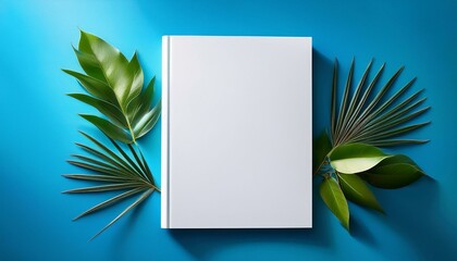mockup of a blank cover white magazine with a blue background with leaves
