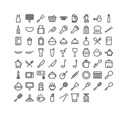 Kitchen Icons Outline. Including apron, grill, fork, basket, beer, blender, can opener, food scale, grater, cooking illustrations