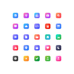 Smooth Subtle Gradient Icons. Including cube, brush, building, camera, pie chart, data, chat, cloud, code, trash bin, envelope, eye, file, folder, home, image, thumb up, location, lock illustration