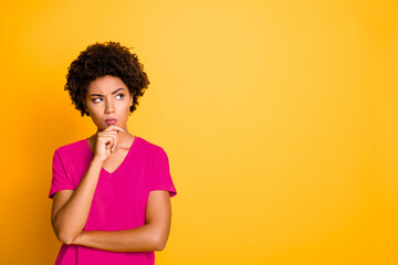 Copyspace photo of contemplating watching looking staring girlfriend wearing orange t-shirt...