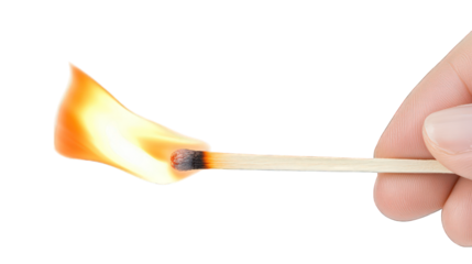 Burning matchstick with flame, isolated on white background --ar 16:9