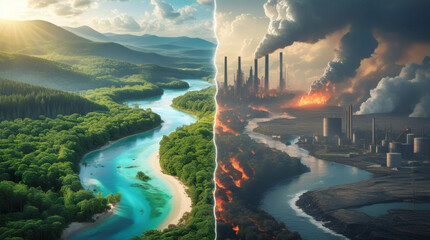 Contrast and division between exuberant nature and contaminated industrial landscape, ideal concept for projects on Earth Day