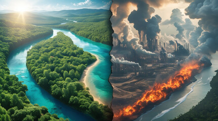 Contrast and division between exuberant nature and contaminated industrial landscape, ideal concept for projects on Earth Day