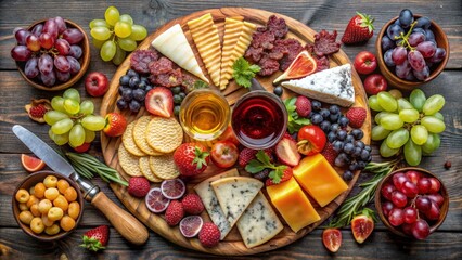 Fototapeta premium Flat lay of a perfectly styled charcuterie board, with fruits, cheese, and wine