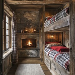 Fototapeta premium Cozy cabin interior showcasing wooden features and a stone fireplace